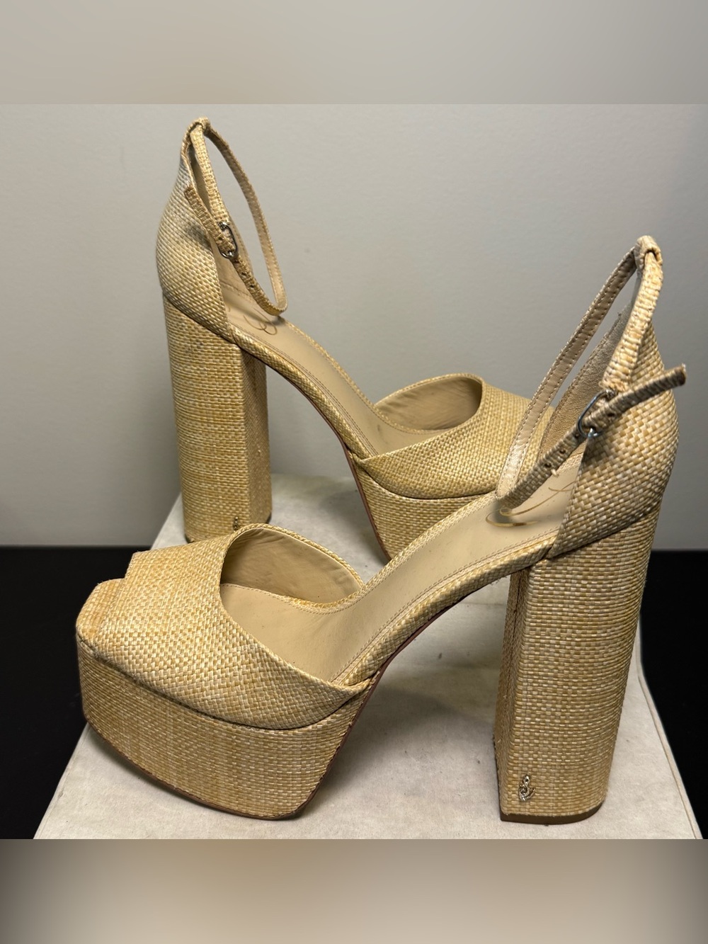 Sam Edelman Kori Beige Woven Platform Peep-Toe Sandals with Ankle Strap, size 11 - Picture 2 of 10